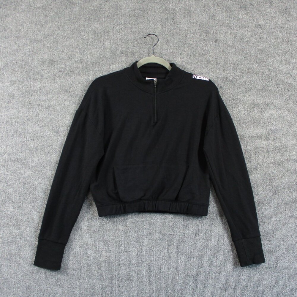 Gymshark Sweater Womens M Black Cropped Viscose Pocket Pullover 1/2 Zip Gym